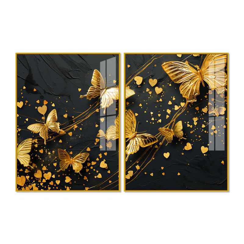 Golden Butterfly & Heart Abstract Acrylic Floating Wall Painting Set of 2