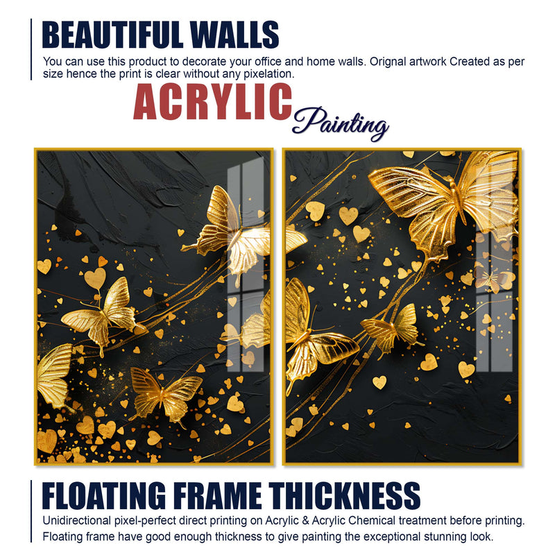 Golden Butterfly & Heart Abstract Acrylic Floating Wall Painting Set of 2