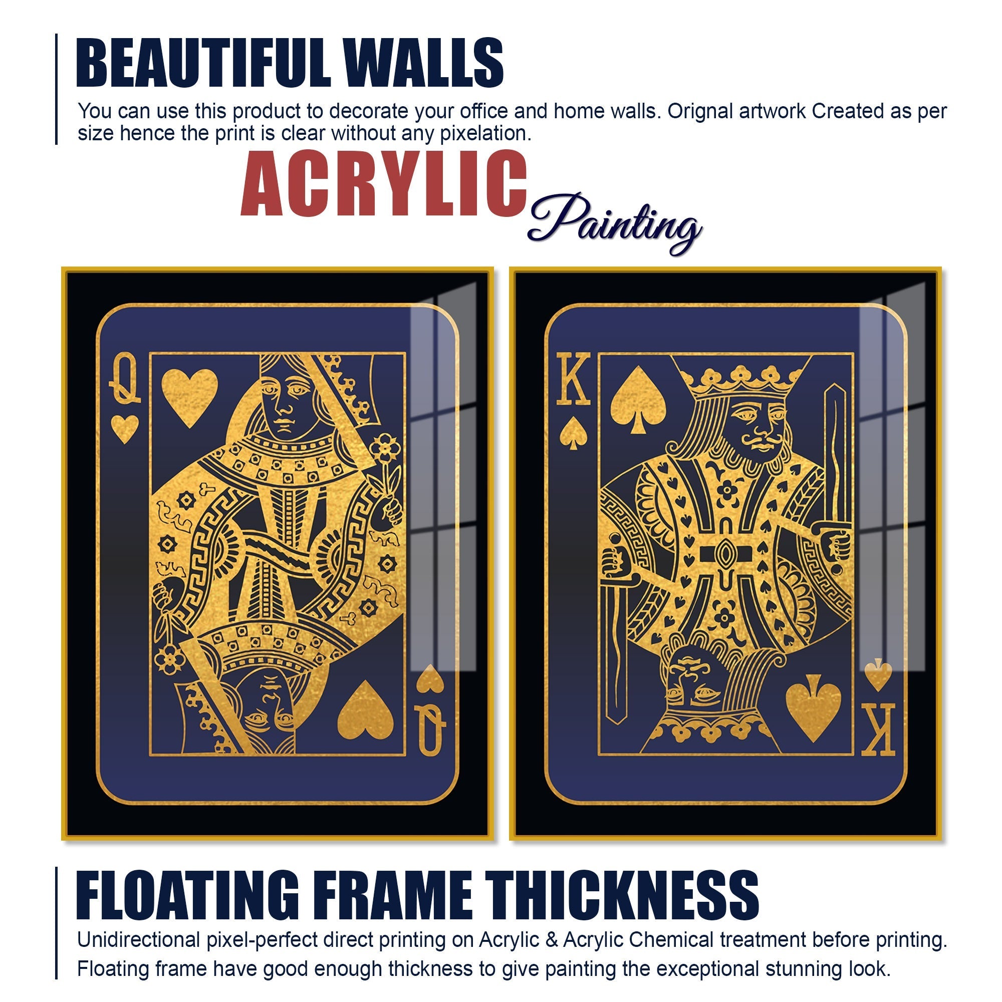Golden Card of King and Queen Acrylic Floating Wall Painting Set of 2