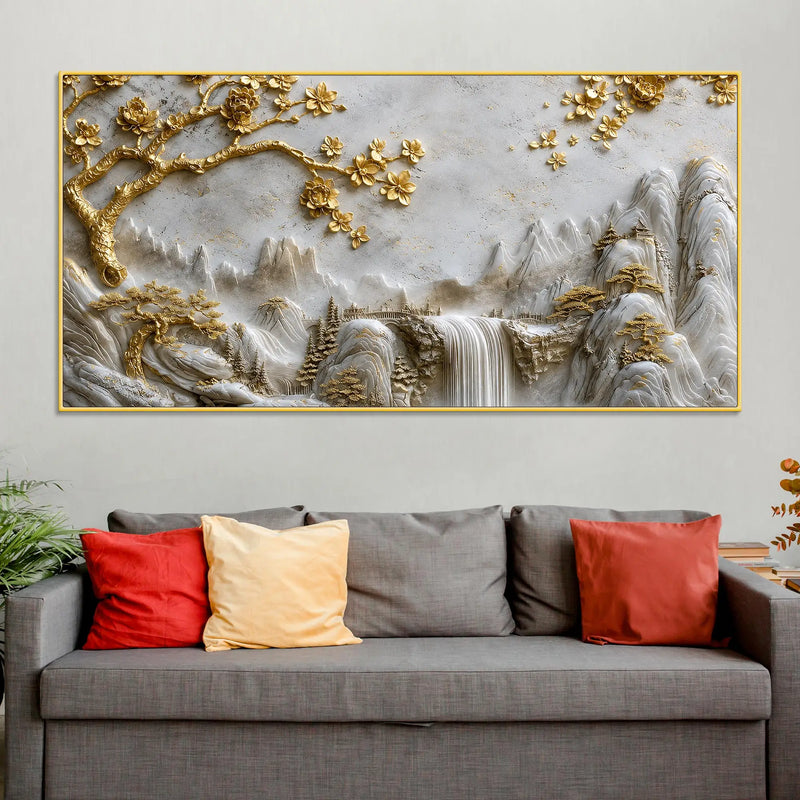 Golden Cherry Blossom Tree & Cascading Falls 3D Canvas Wall Painting