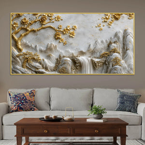 Golden Cherry Blossom Tree & Cascading Falls 3D Canvas Wall Painting