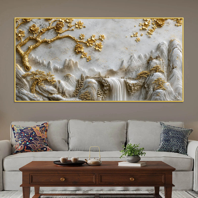 Golden Cherry Blossom Tree & Cascading Falls 3D Canvas Wall Painting