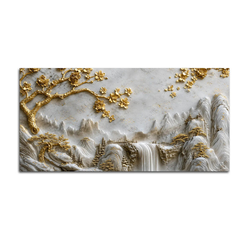 Golden Cherry Blossom Tree & Cascading Falls 3D Canvas Wall Painting