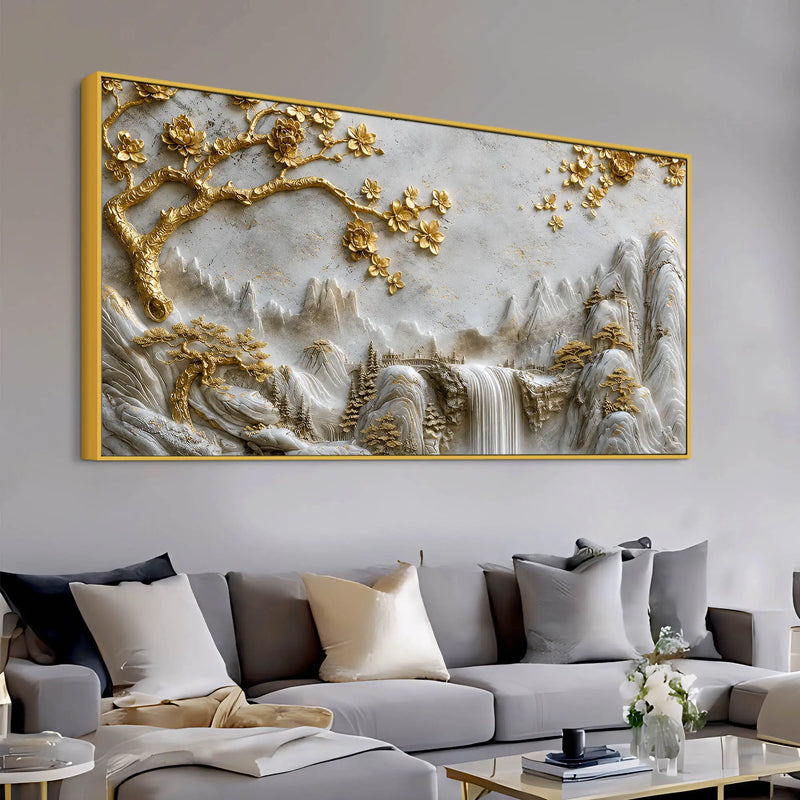 Golden Cherry Blossom Tree & Cascading Falls 3D Canvas Wall Painting