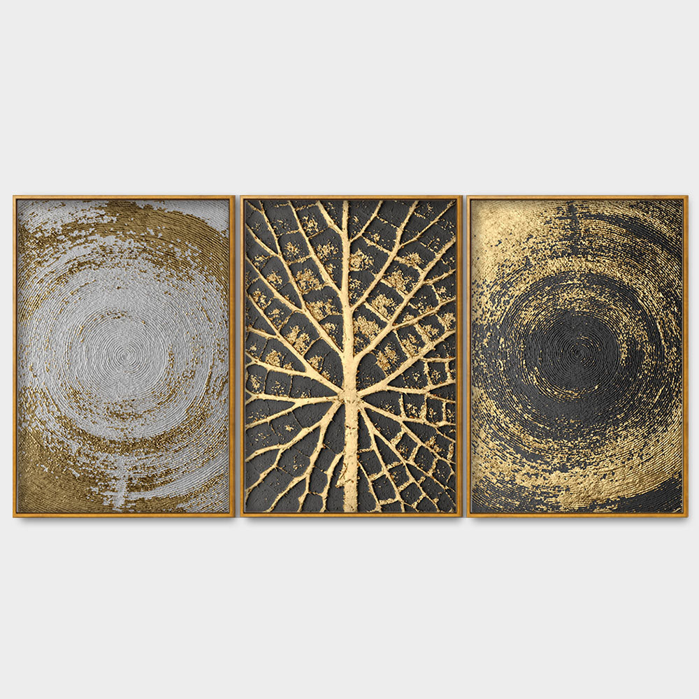 Golden Circular Texture Floating Canvas Wall Painting Set of Three