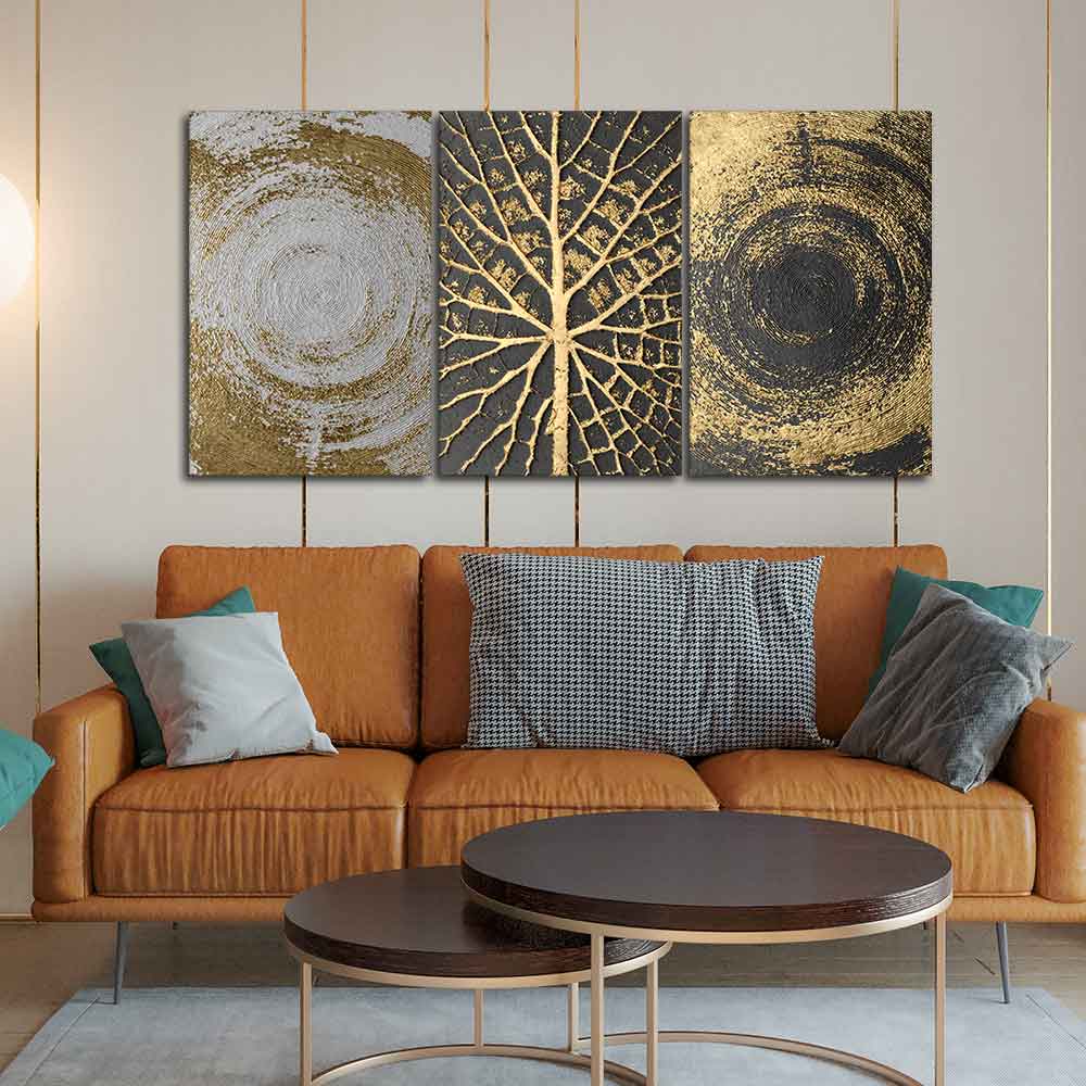 Golden Circular Texture Wall Painting of 3 Pieces