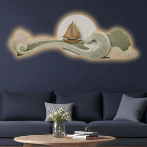 Golden Coastal Wave Landscape Premium Crystal Glass Backlit LED Wall Art