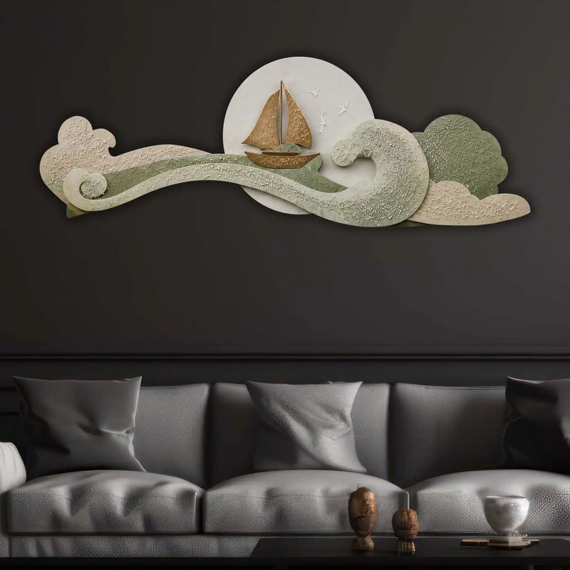 Golden Coastal Wave Landscape Premium Crystal Glass Backlit LED Wall Art