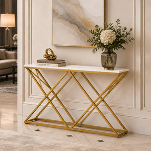 Golden Criss Cross Pattern Rectangular Shaped Designer Console Table