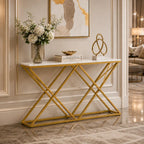Golden Criss Cross Pattern Rectangular Shaped Designer Console Table