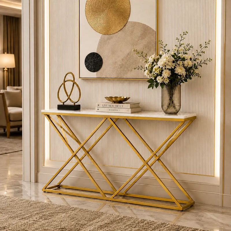Golden Criss Cross Pattern Rectangular Shaped Designer Console Table