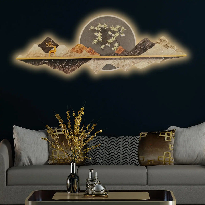 Golden Deer Blossom Crystal Glass Backlit LED Wall Art