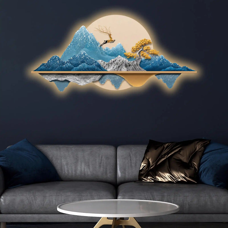 Golden Deer Blue Mountain Reflection Premium Crystal Glass Backlit LED Painting