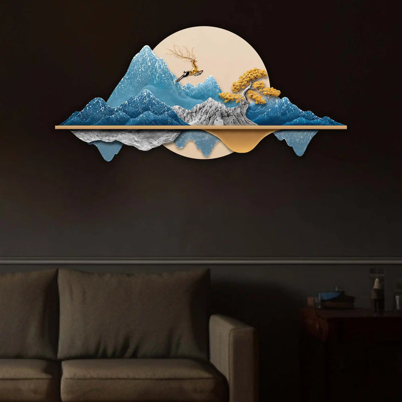 Golden Deer Blue Mountain Reflection Premium Crystal Glass Backlit LED Painting