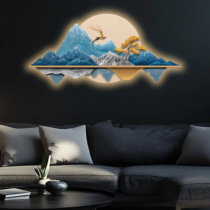 Golden Deer Blue Mountain Reflection Premium Crystal Glass Backlit LED Painting
