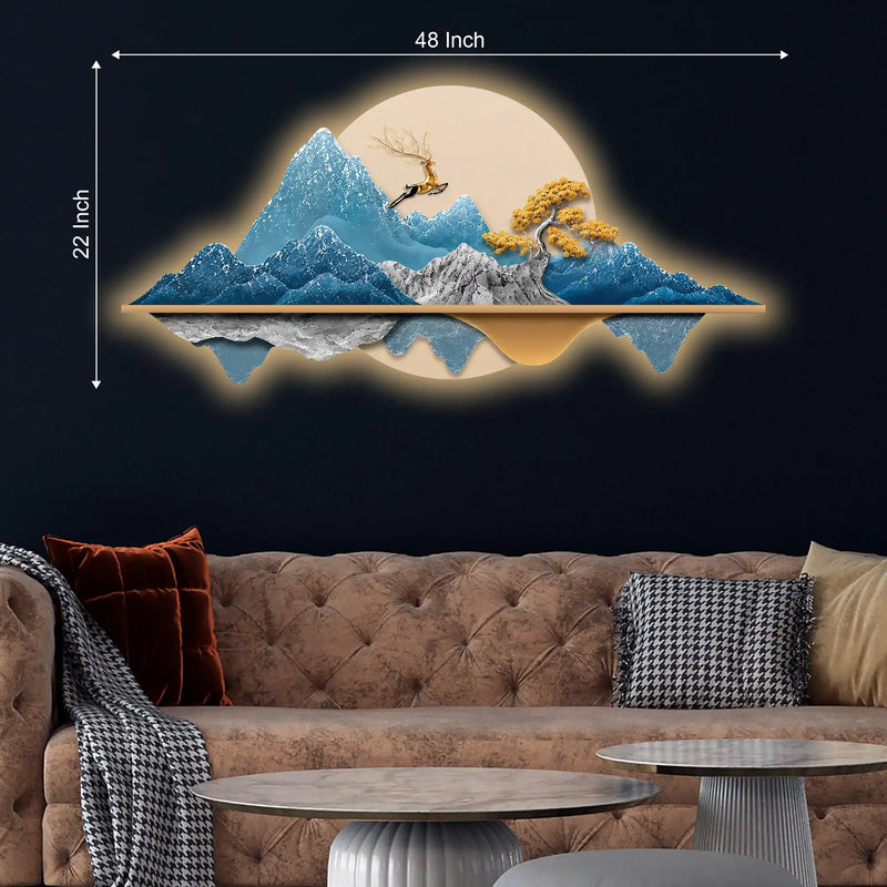 Golden Deer Blue Mountain Reflection Premium Crystal Glass Backlit LED Painting