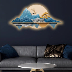 Golden Deer Blue Mountain Reflection Premium Crystal Glass Backlit LED Wall Art