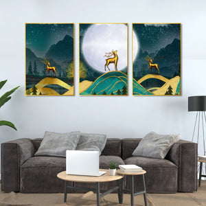 Golden Deer Floating Canvas Wall Painting Set of Three