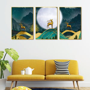 Golden Deer Floating Canvas Wall Painting Set of Three