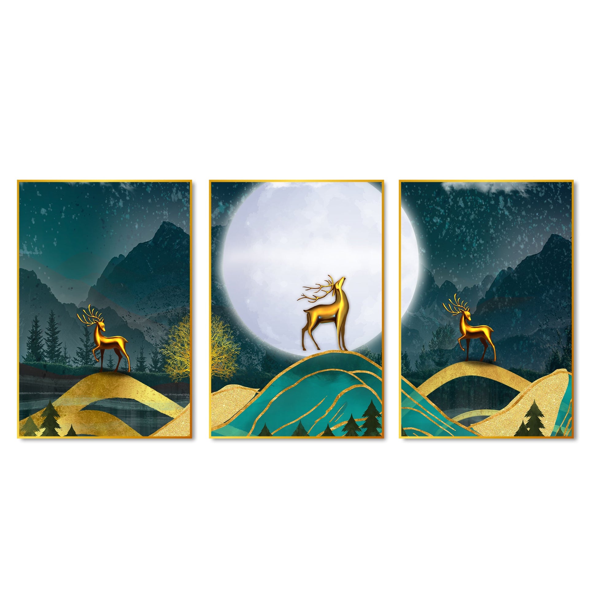 Golden Deer Floating Canvas Wall Painting Set of Three