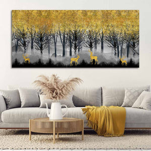 Golden Deer in Dark Forest Canvas Wall Painting