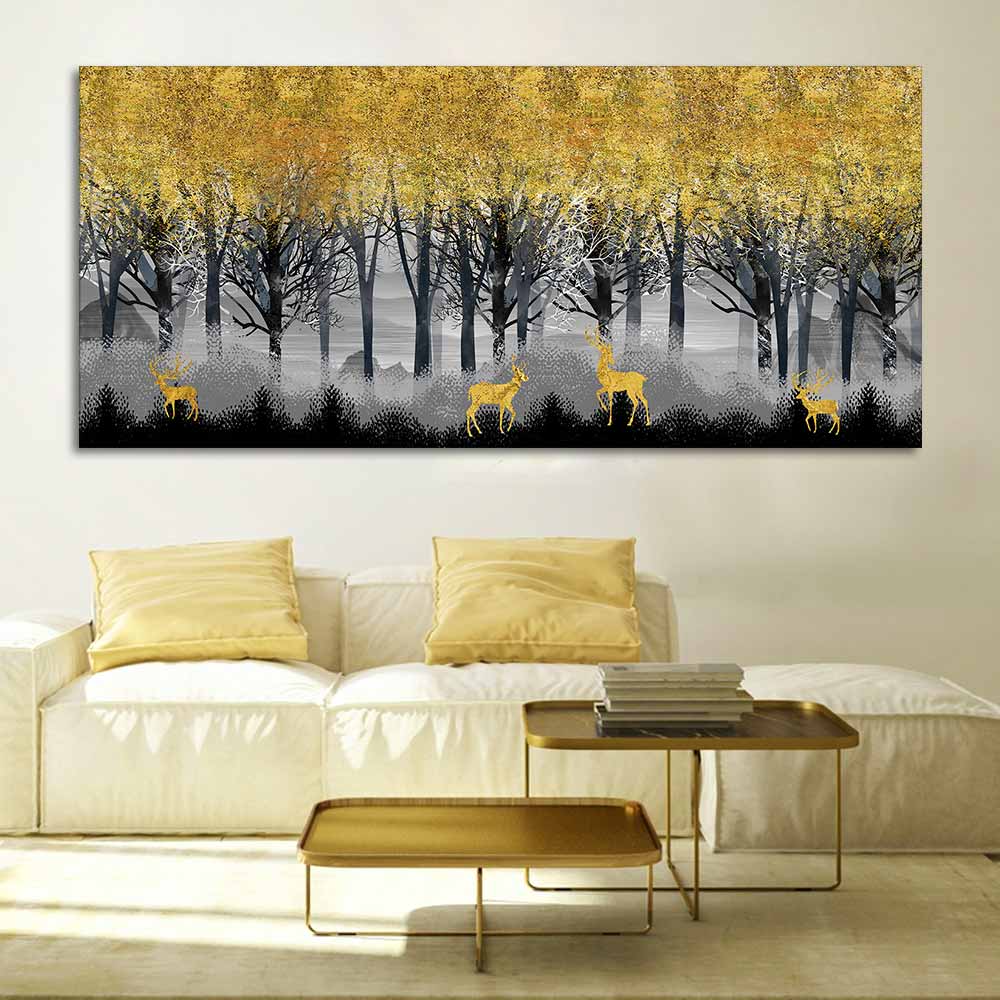 Golden Deer in Dark Forest Canvas Wall Painting