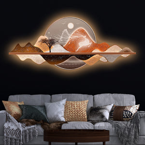 Golden Deer In Mountain Crystal Glass Backlit LED Wall Art