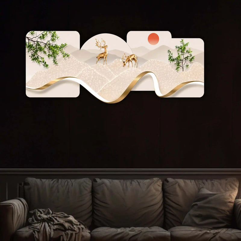 Golden Deer Meadow Crystal Glass Backlit LED Painting