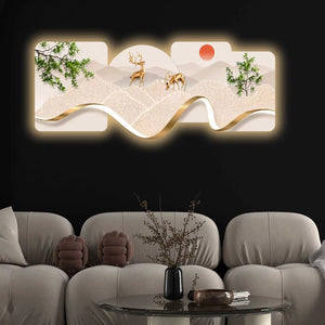 Golden Deer Meadow Crystal Glass Backlit LED Wall Art