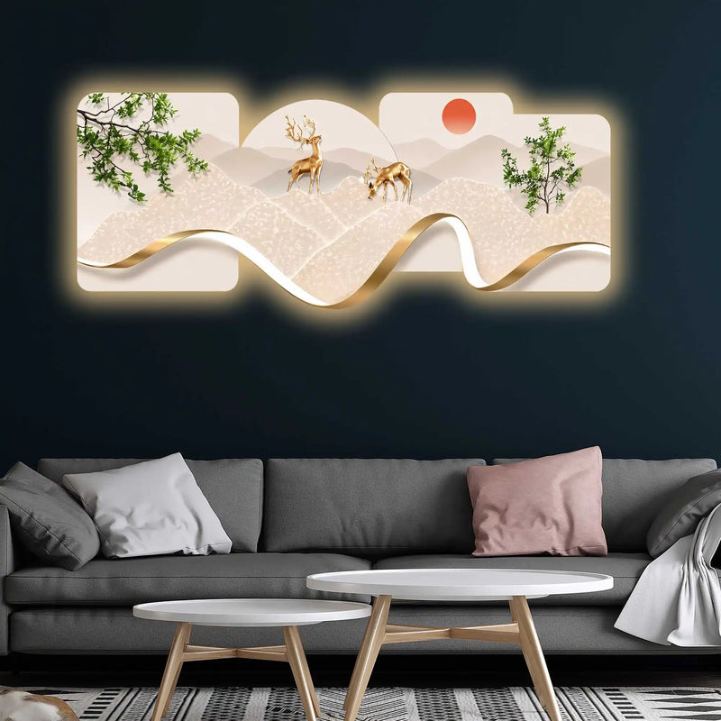 Golden Deer Meadow Crystal Glass Backlit LED Wall Art