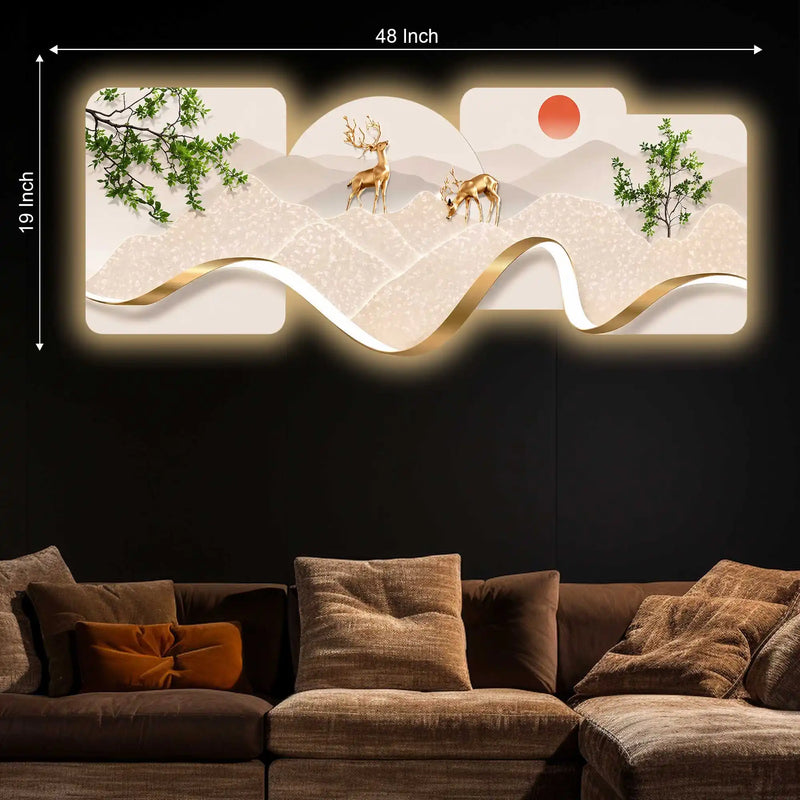 Golden Deer Meadow Crystal Glass Backlit LED Wall Art