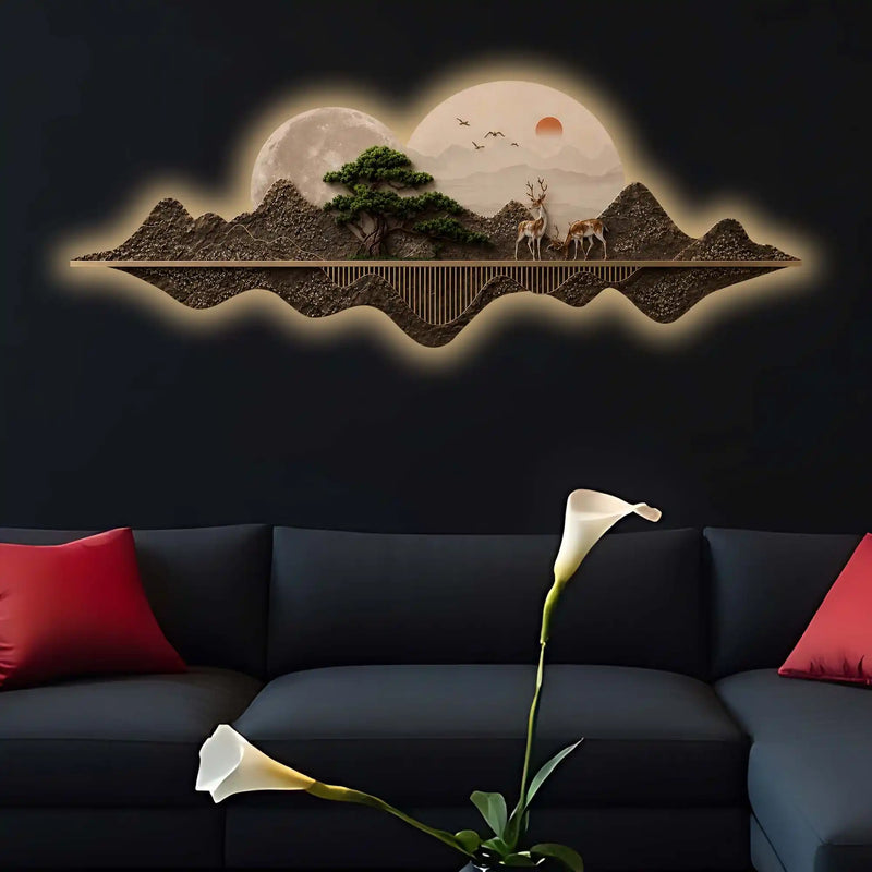 Golden Deer Moon Valley Premium Crystal Glass Backlit LED Painting