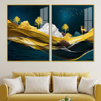 Golden Deer Mountain Landscape Acrylic Floating Wall Painting Set of 2