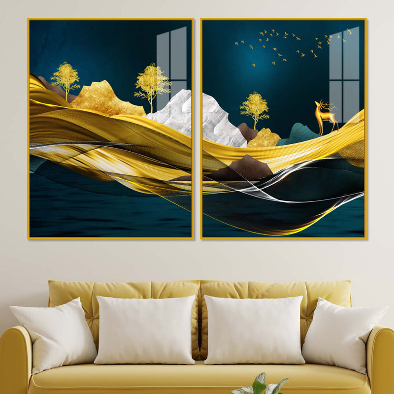 Golden Deer Mountain Landscape Acrylic Floating Wall Painting Set of 2