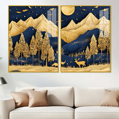 Golden Deer Full Moon Mountain Wilderness Acrylic Floating Wall Painting Set of 2