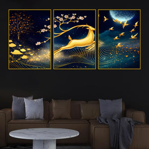 golden-deer-runs-beneath-the-moonlight-floating-frame-crystal-wall-painting-set-of-3