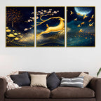 Golden Deer Runs Beneath the Moonlight Floating Frame Crystal Wall Painting Set of 3