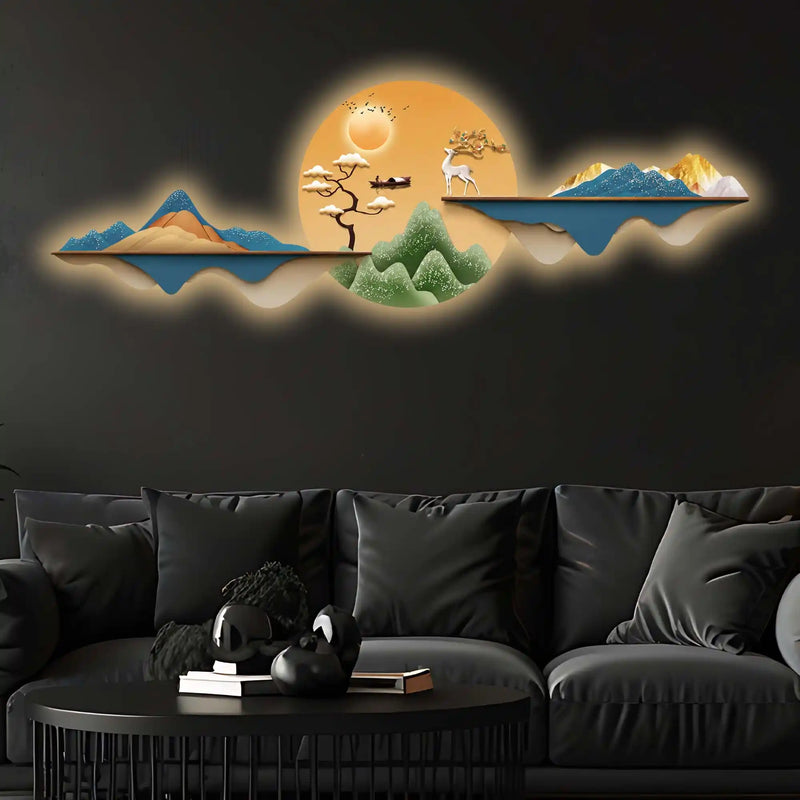Golden Deer Sunrise Landscape Premium Crystal Glass Backlit LED Painting