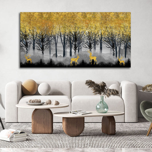 Golden Deers in Dark Forest Premium Canvas Wall Painting