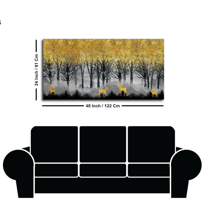 Golden Deers in Dark Forest Premium Canvas Wall Painting