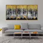 Golden Deers in Dark Forest Premium Floating Canvas Wall Painting Set of Three