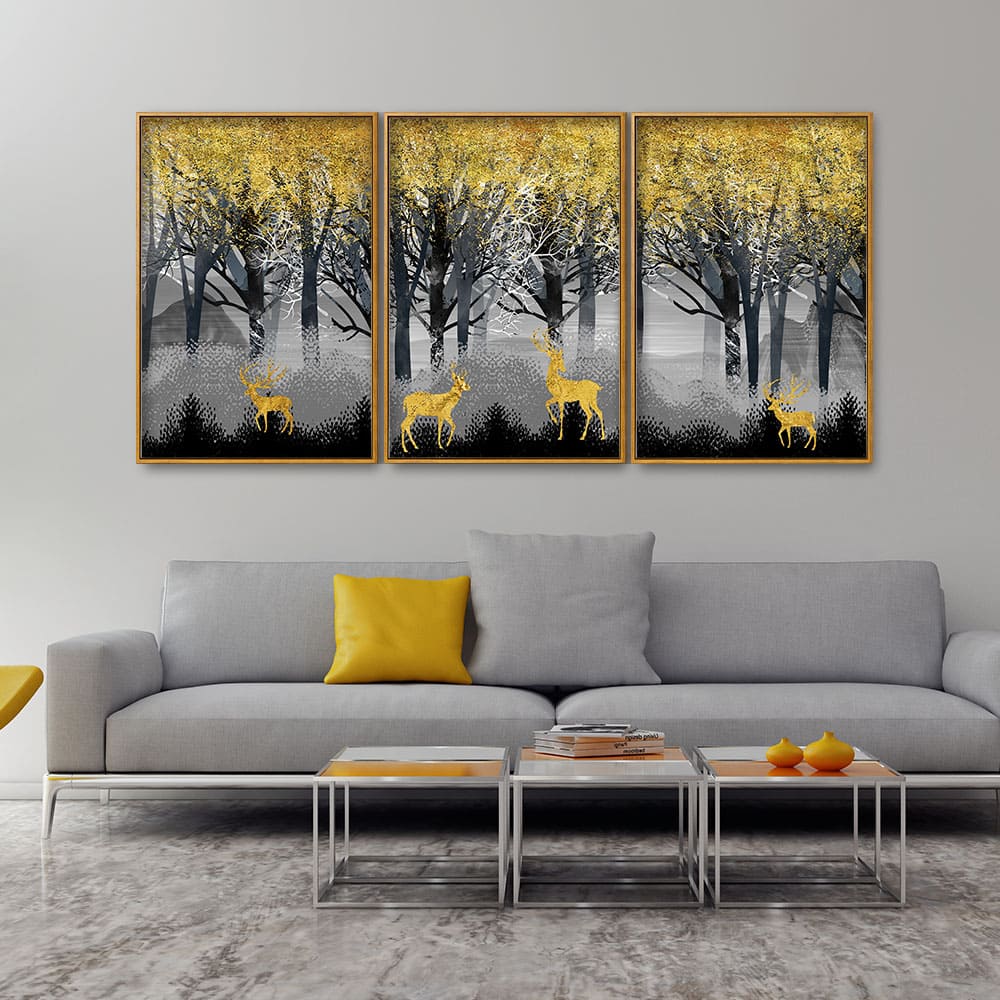 Golden Deers in Dark Forest Premium Floating Canvas Wall Painting Set of Three