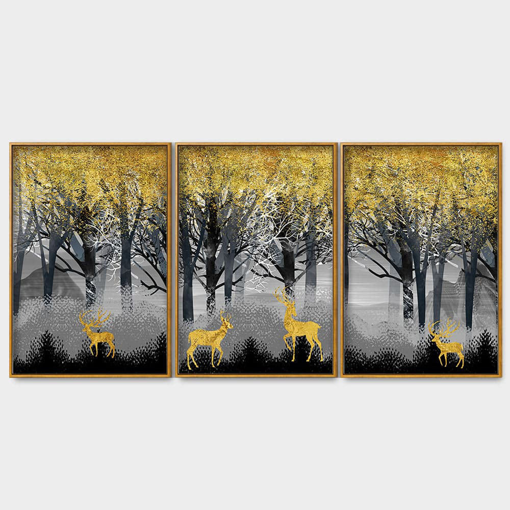 Golden Deers in Dark Forest Premium Floating Canvas Wall Painting Set of Three