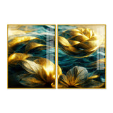 Golden Dreamy Flower Acrylic Floating Wall Painting Set of 2