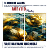 Golden Dreamy Flower Acrylic Floating Wall Painting Set of 2