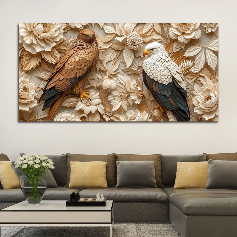 Golden Eagle & Bald Eagle Floral Harmony 3D Canvas Wall Painting