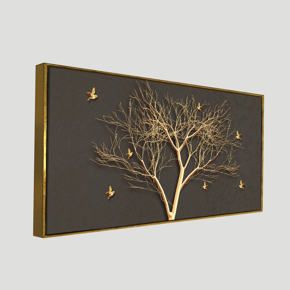 Golden Embossed Tree With Golden Birds Premium Canvas Wall Painting