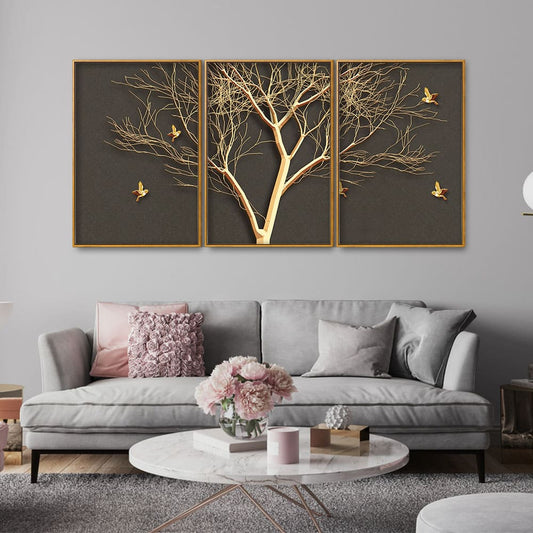 Golden Embossed Tree with Golden Birds Premium Floating Canvas Wall Painting Set of Three