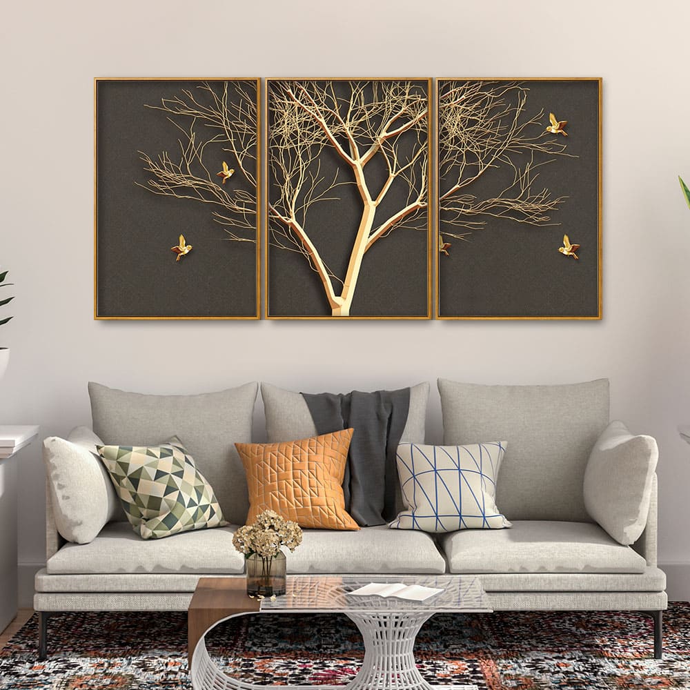 Golden Embossed Tree with Golden Birds Premium Floating Canvas Wall Painting Set of Three