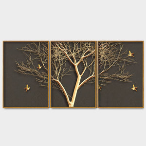 Golden Embossed Tree with Golden Birds Premium Floating Canvas Wall Painting Set of Three